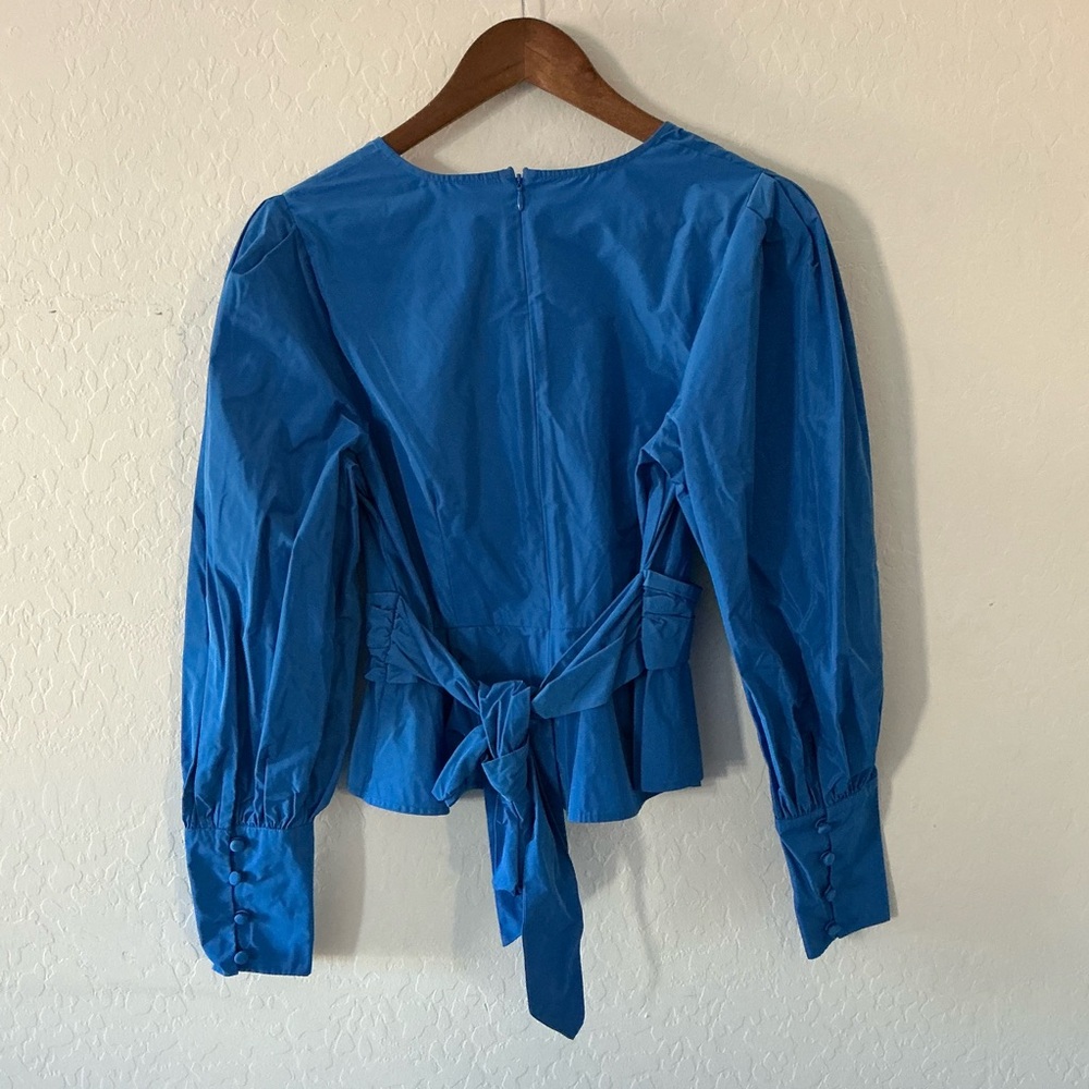 Veronica Beard Seema Wrap-Effect Taffeta Vibrant Blue Blouse Button Cuff Women’s - Picture 8 of 9